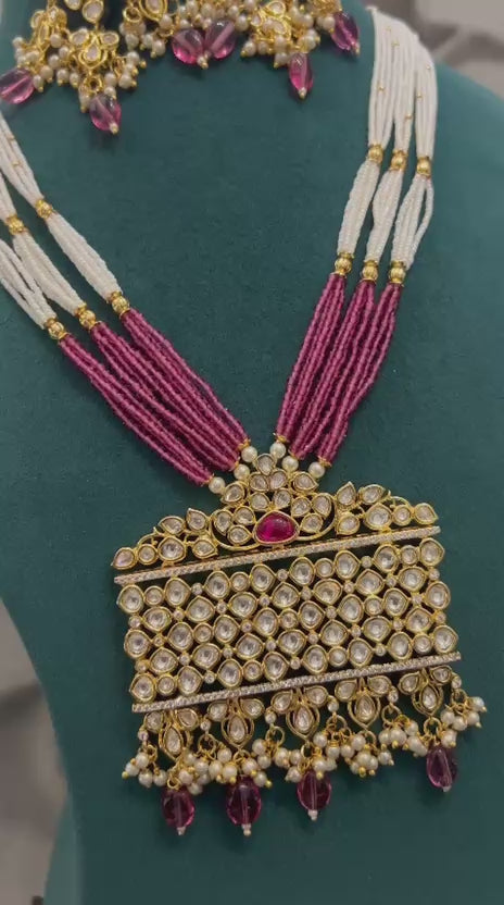 Grand Temple-Style Kundan Necklace Set – Red & White Beaded Design